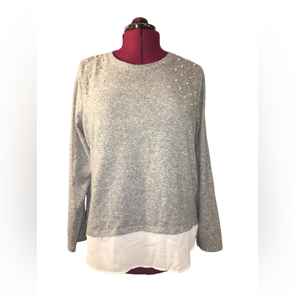 Hannah Gray Pearl-Embellished Layered Hem Sweater